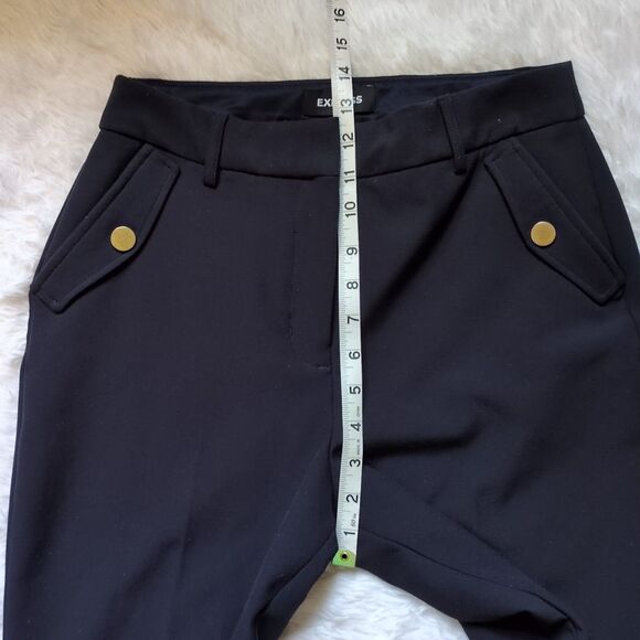 Express Womens 6R High Rise Crop‎ Dress Pant Bronze Button Pockets Navy Blue - Picture 9 of 13